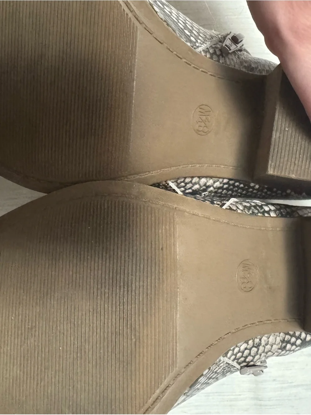 Universal Thread Snake-Print Ankle Boots in Taupe and Black